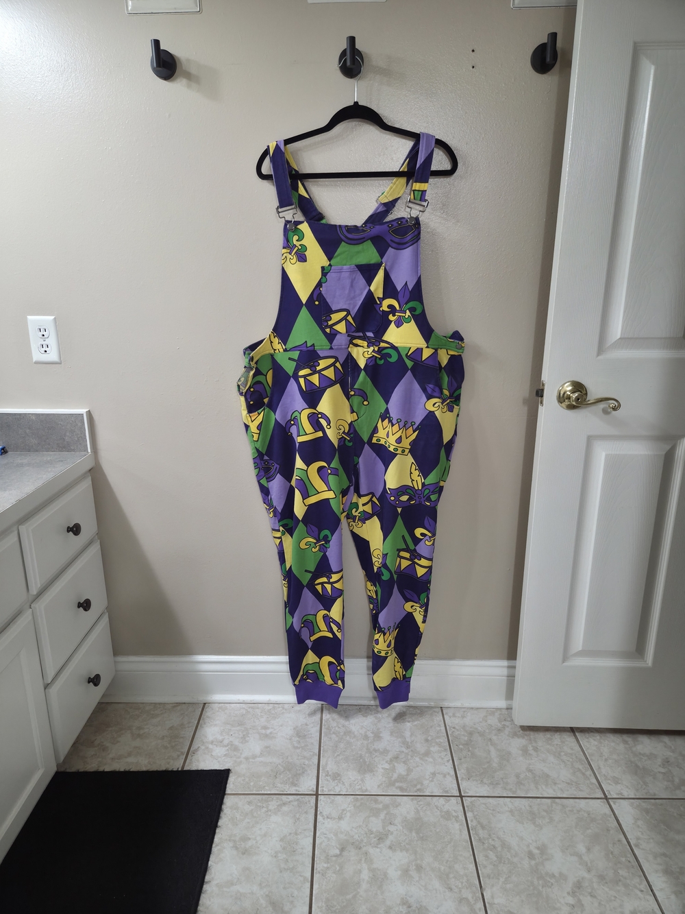 Mardi Gras Harlequin Print Overalls - Purple/Green/Yellow